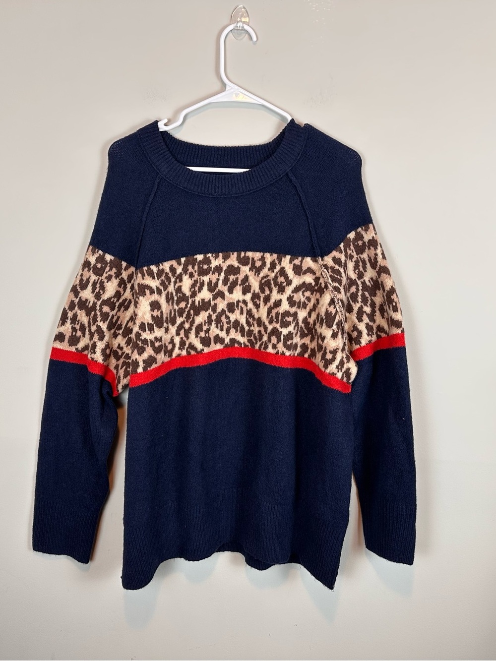 Aerie Navy Leopard Print Colorblock Sweater Crewneck Long Sleeve Pullover Large
